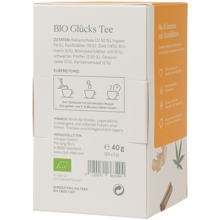 CBD Vital Organic Happiness TeaAromatic herbal tea for inner harmony and moments of pleasure.
CBD -Vital's CBD Happiness Tea combines hemp leaves, cocoa shells, ginger, and aromatic spices into a unique tea blend. Spicy, warming, and soothing – for a good feeling and little moments of happiness in everyday life. - Image 4